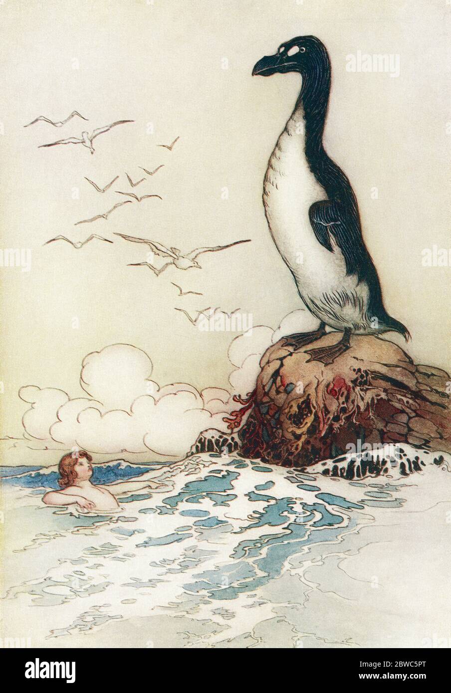 'Là, il a vu le dernier de la volaille, debout sur l'Allonestone, tout seul.' Illustration par Warwick Goble. De The Water Babies, publié en 1922. Banque D'Images