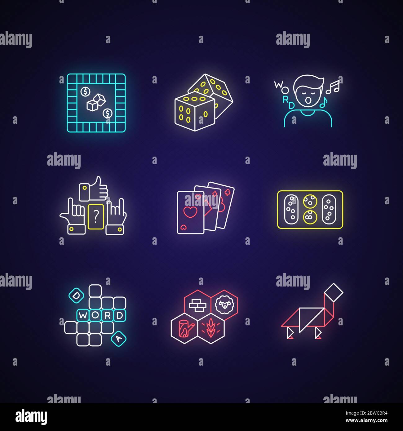 Jeux amusants, jeux d'icônes de néon Illustration de Vecteur