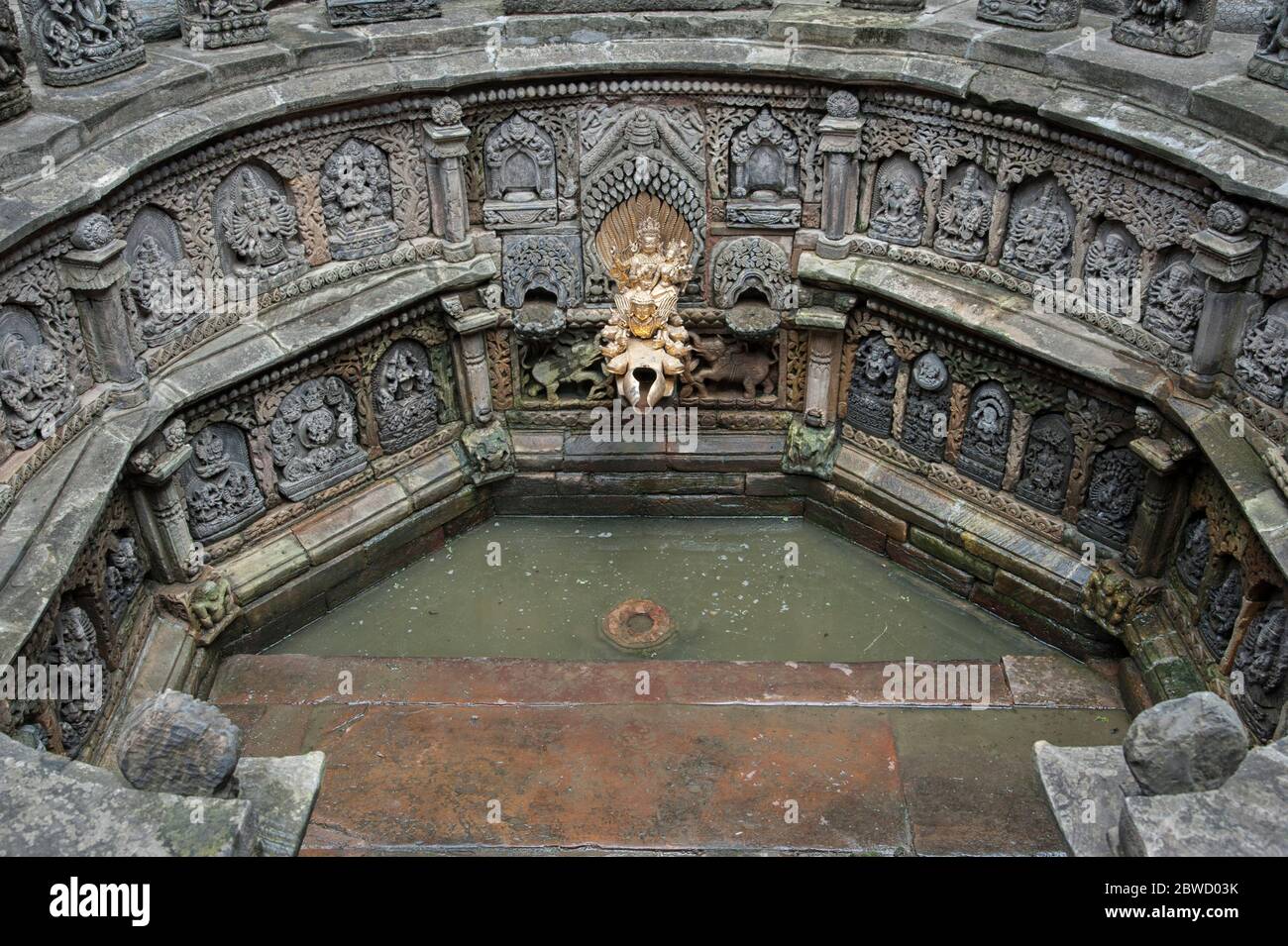 Réservoir d'eau en contrebas superbement sculpté connu sous le nom de Tusha Hiti dans la cour de Sundari Chowk, l'une des trois cours principales de Patan, au Népal Banque D'Images