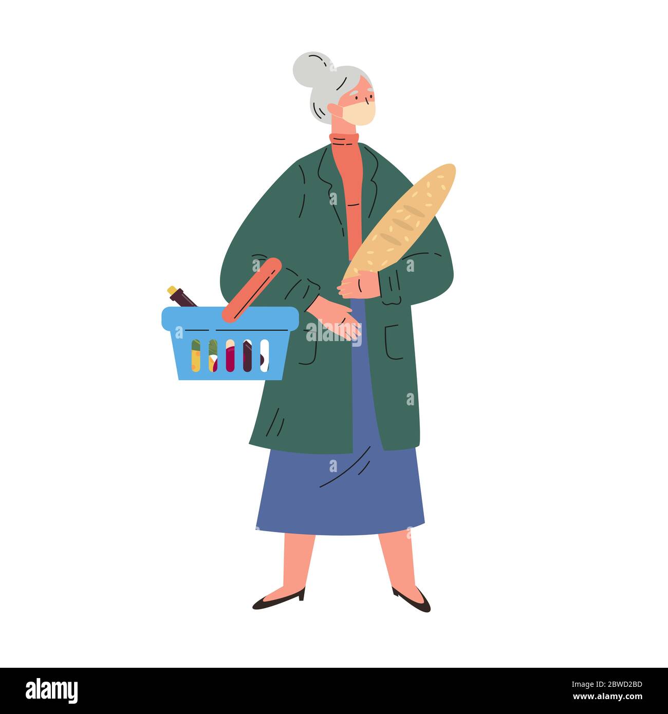 Une vieille femme magasinent dans un masque pendant la quarantaine Illustration de Vecteur