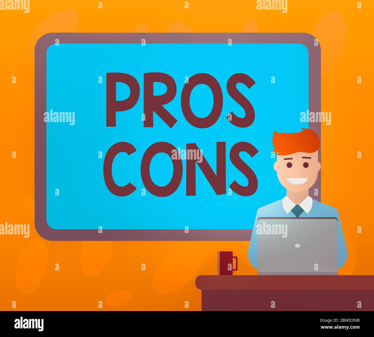 Note d'écriture montrant les cons. Pros Concept d'affaires pour les avantages et les inconvénients observés lors de l'examen d'un produit bordées Conseil derrière l'homme assis Banque D'Images
