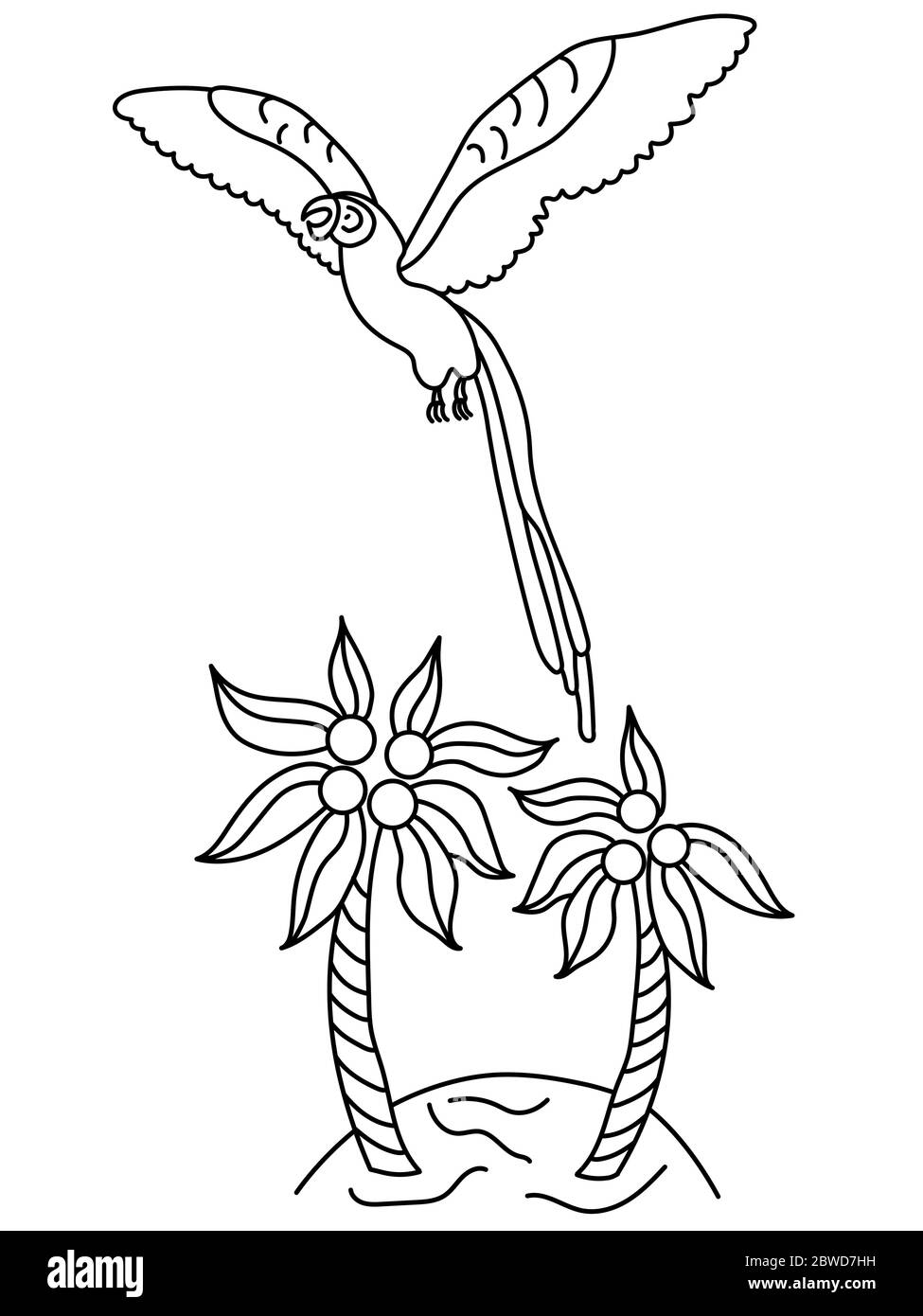 Un perroquet de macaw coloré survole une île avec des palmiers. Illustration vectorielle noir et blanc en style dessin animé. Circuit Illustration de Vecteur