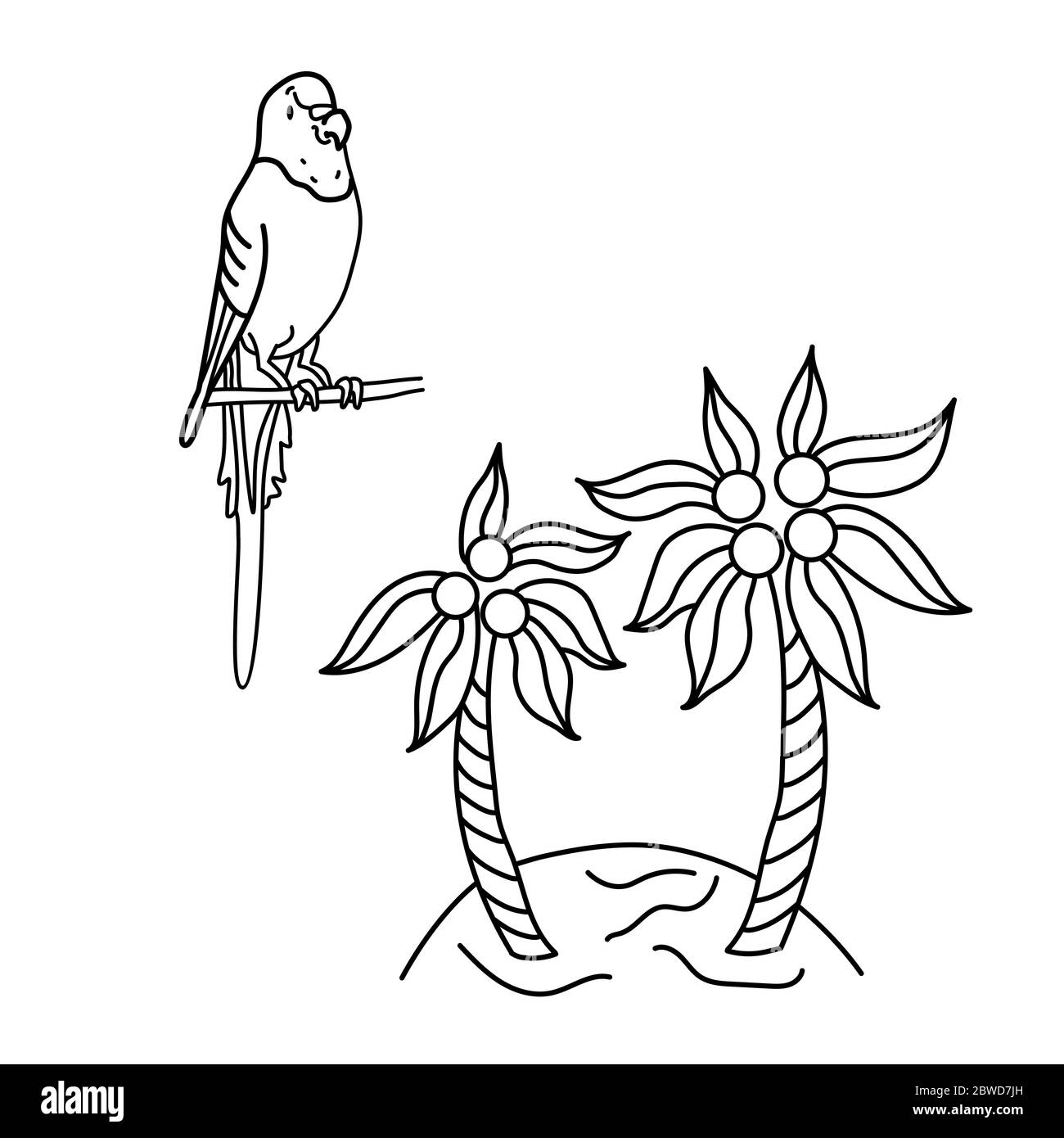 Perroquet ondulé coloré et île avec palmiers. Illustration vectorielle noir et blanc en style dessin animé. Circuit Illustration de Vecteur