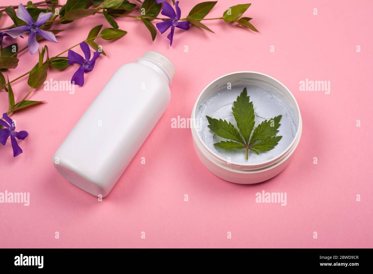 bouteilles blanches avec cosmétiques pour le corps avec feuille de marijuana sur fond rose avec fleurs sauvages violettes. soins de la peau, beauté, cosmétiques avec cannabis Banque D'Images