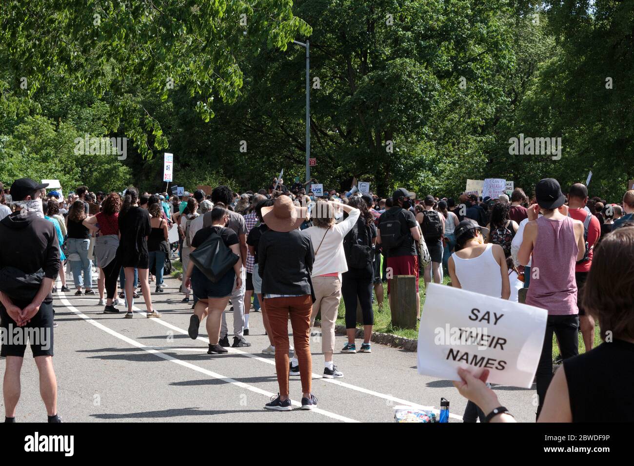 Une femme au premier plan tient un panneau indiquant dire leurs noms à la Black Lives Matter Protest sur la pelouse Cloisters Banque D'Images