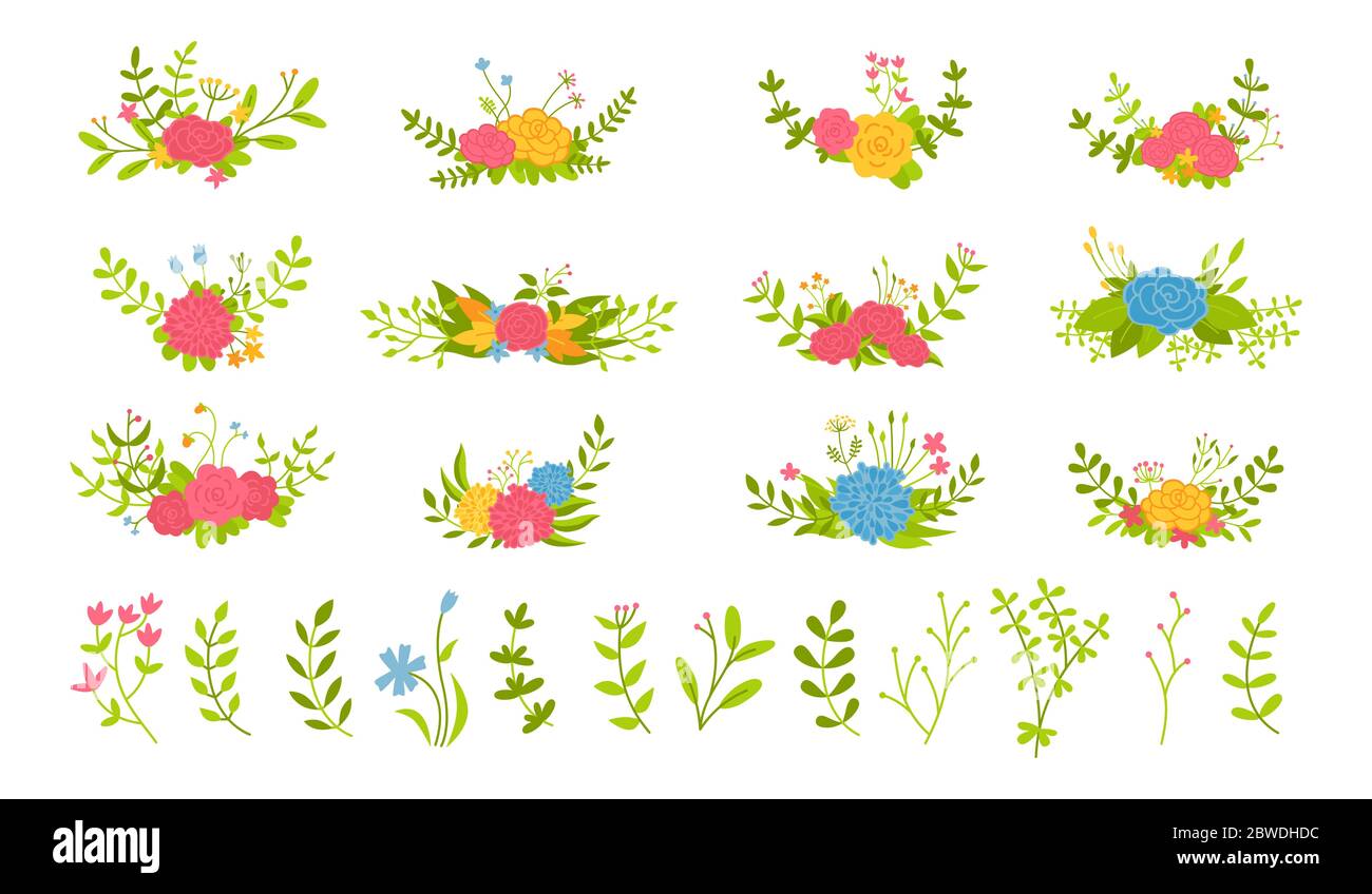 Ensemble de composition florale, branche et feuille de fleur. Abstrait romantique beaux éléments de design. Collection écologique de dessins animés à plat colorés. Fleurs, branches et feuilles isolées. Illustration vectorielle Illustration de Vecteur