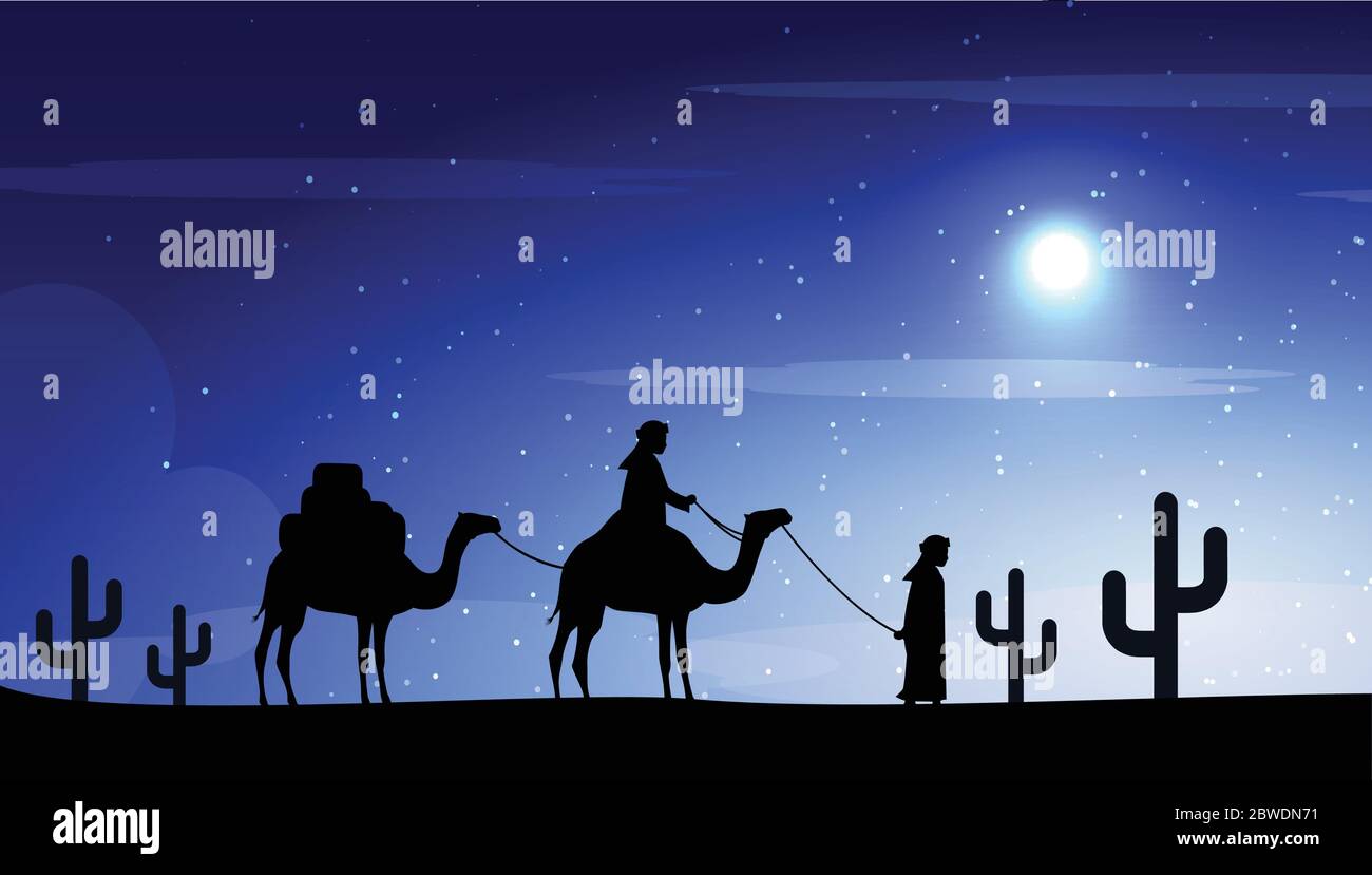 arrière-plan des magiciens à dos de chameau dans le désert de nuit Illustration de Vecteur