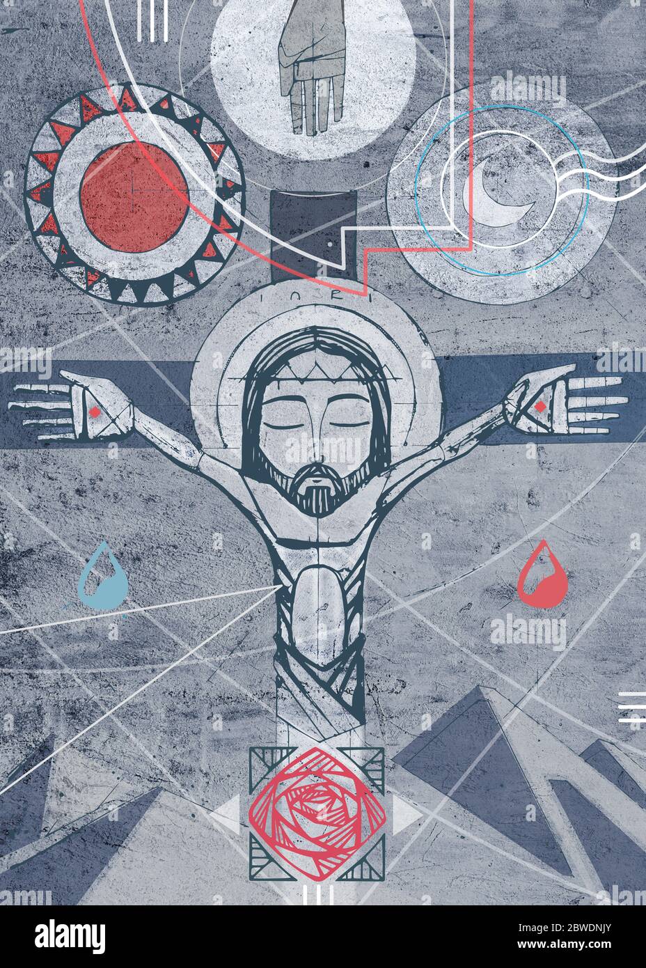Illustration ou dessin à l'encre dessinée à la main de Jésus Christ à la croix et aux symboles Banque D'Images