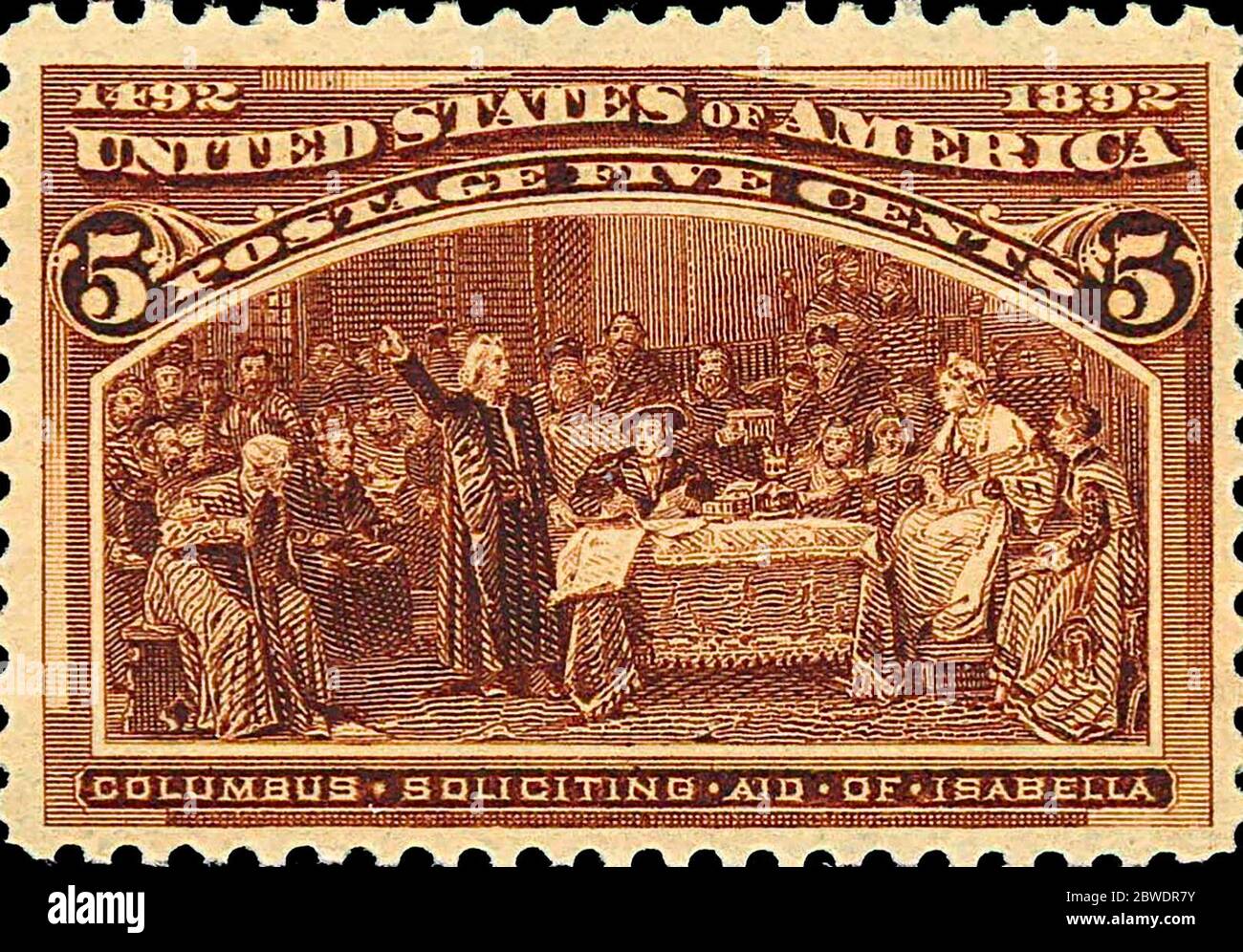 USA Post Office Columbian issue 1893 5 cents - 2 janvier 1893 - Columbus sollicitant l'aide d'Isabella Banque D'Images