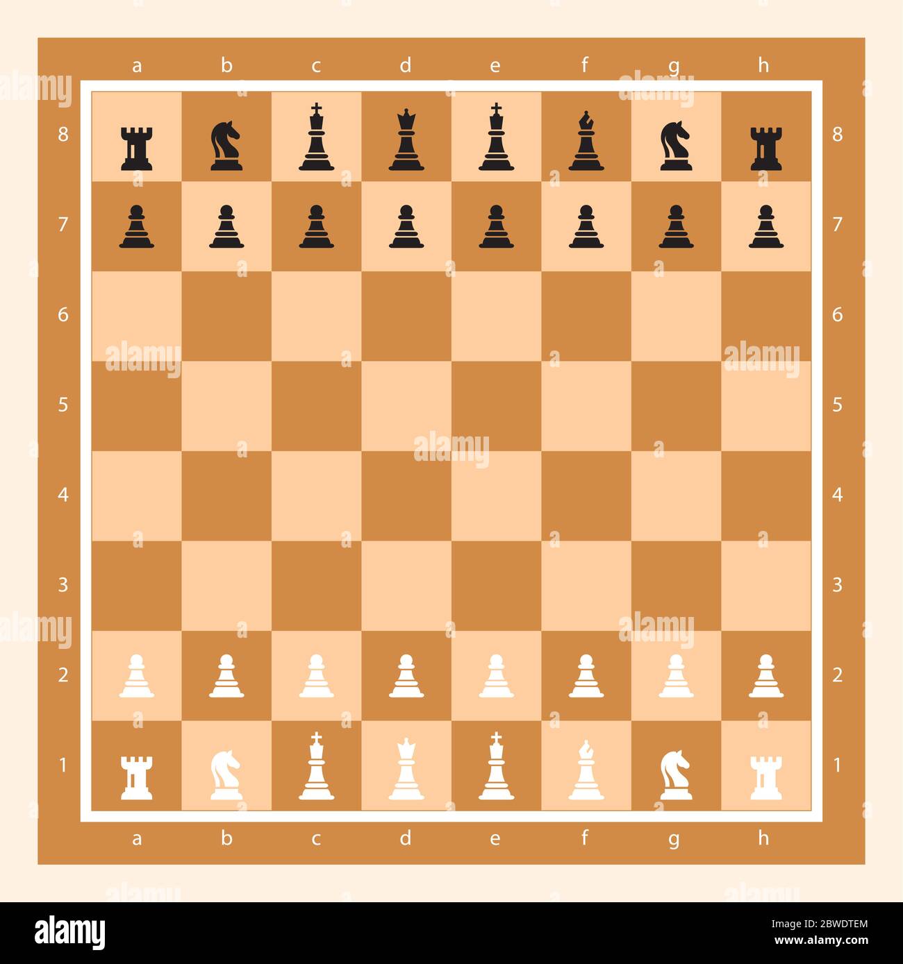 Brown Chess Board avec Chess Figurine Algebraic notation. Illustration du scénario de jeu d'échecs. Figures d'échecs Roi, Reine, évêque, Chevalier, Rok, Pawn. Échecs Illustration de Vecteur
