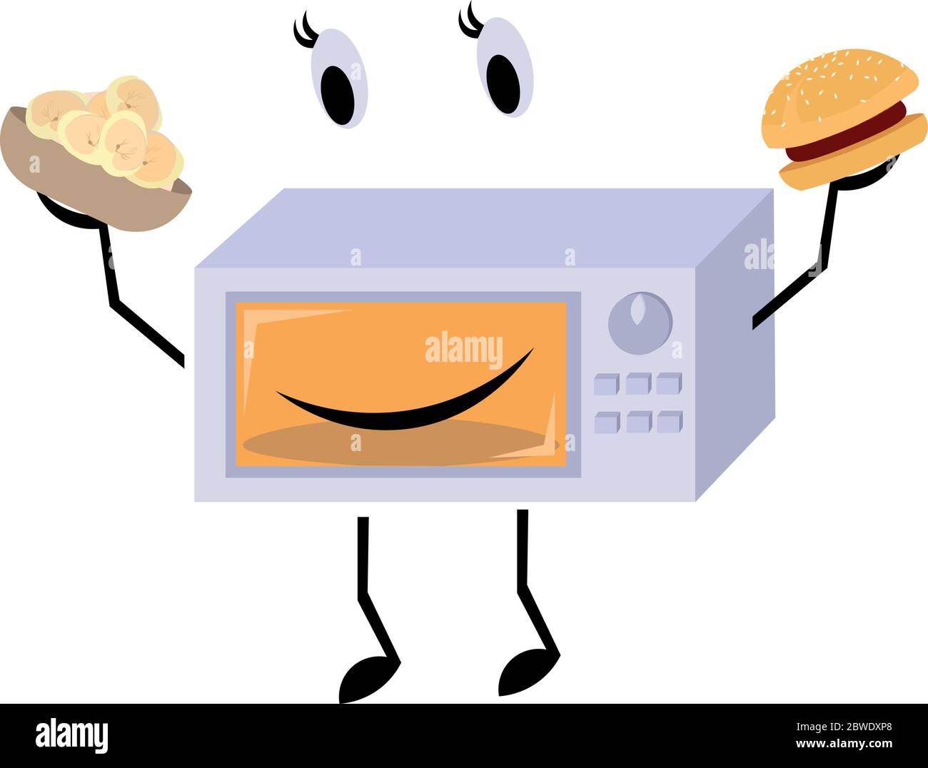 Micro-ondes gai avec bras et jambes. Boulettes et un hamburger. Préchauffage et cuisson. Design pour café, restaurant et boutique. Illustration de Vecteur