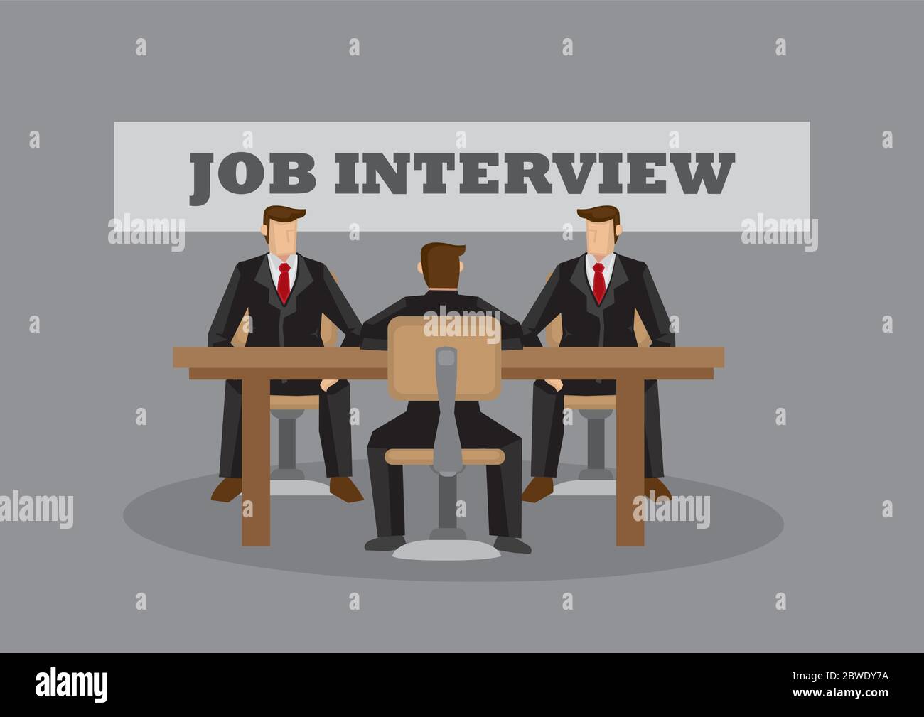 Homme de dessin animé en costume assis à la réception devant deux intervieweurs avec une bannière en arrière-plan disant entretien d'emploi. Illustration vectorielle pour Business situ Illustration de Vecteur