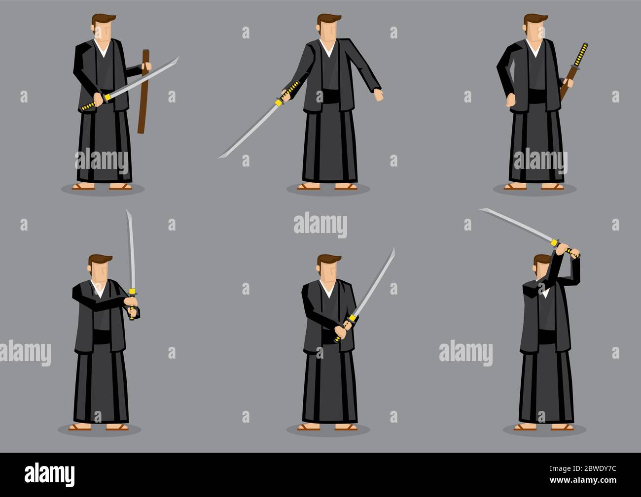 Ensemble de six illustrations vectorielles d'un homme de dessin animé portant un costume traditionnel japonais et une slipper et tenant une épée samouraï entre les mains. Illustration de Vecteur