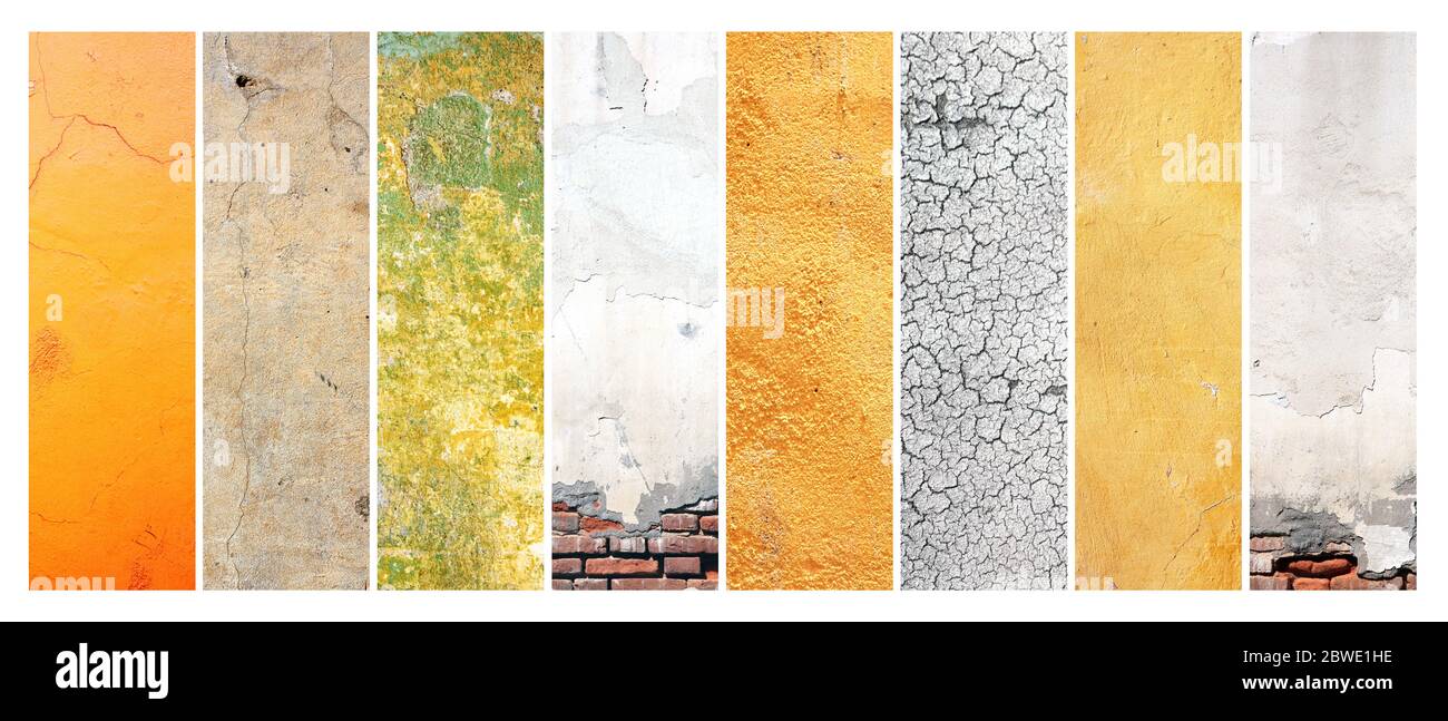 Collection de bannières verticales ou horizontales avec textures de vieux mur de stuc de couleurs diferentes - gris, jaune, vert et marron. Modèle de maquette. Co Banque D'Images