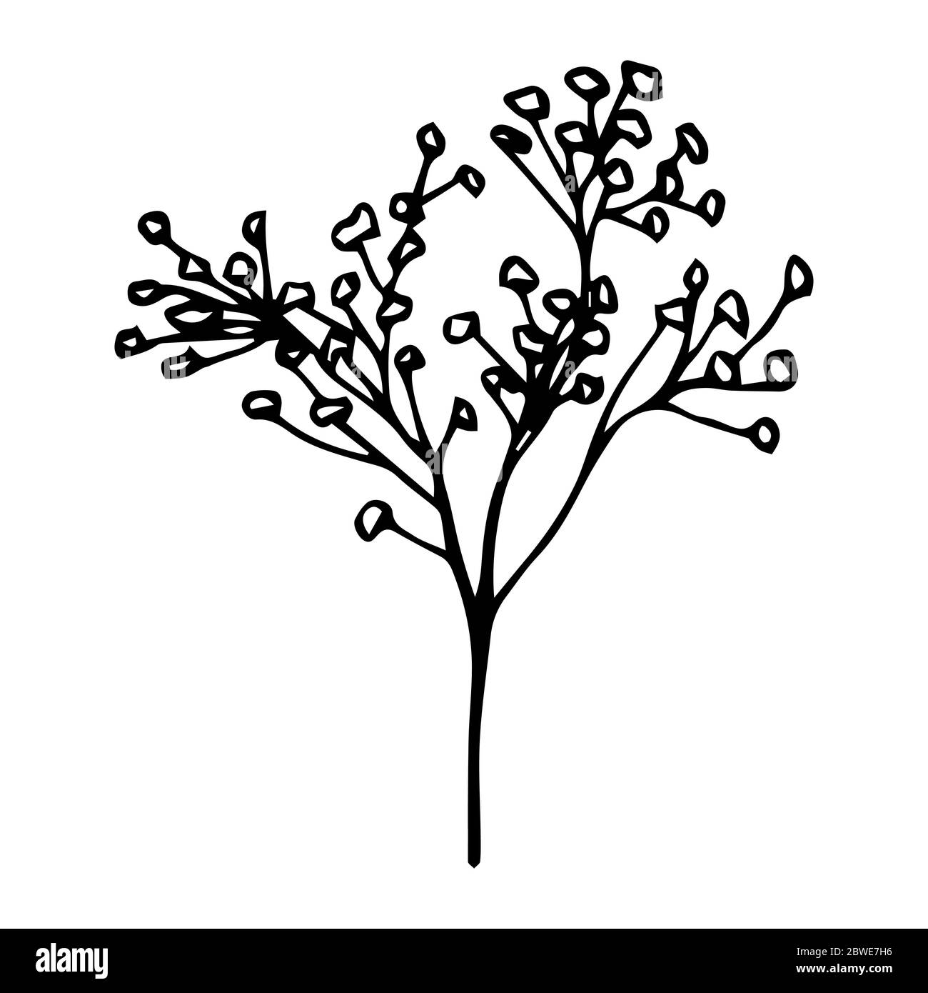 Petites fleurs brindilles noires de contour isolé sur fond blanc, stock illustration vectorielle pour le design et la décoration, tatouage, imprimés, autocollants, logo Illustration de Vecteur