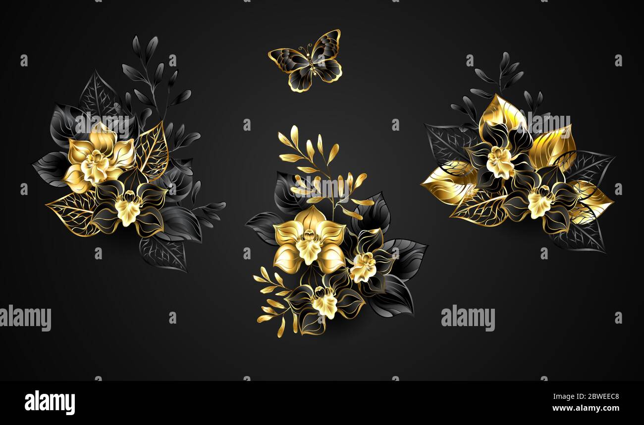 Ensemble de bouquets d'orchidées de bijoux en noir et or, décorés de brindilles décoratives sur fond sombre. Illustration de Vecteur