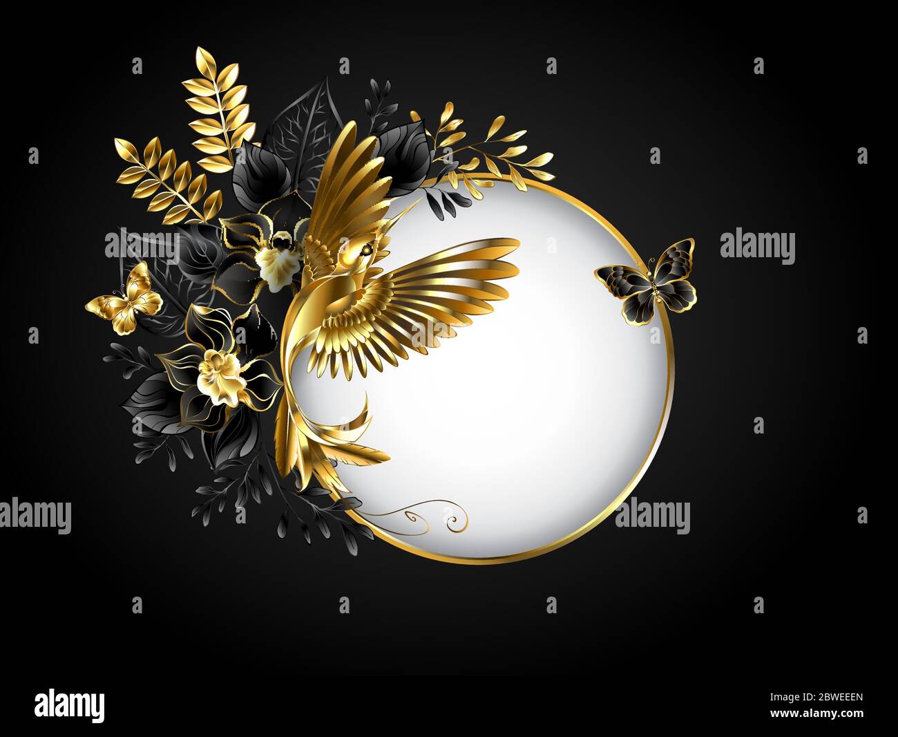 Bannière ronde avec bijoux, colibri doré sur fond gris, décorée d'orchidées de bijoux avec branches décoratives dorées et noires. Illustration de Vecteur