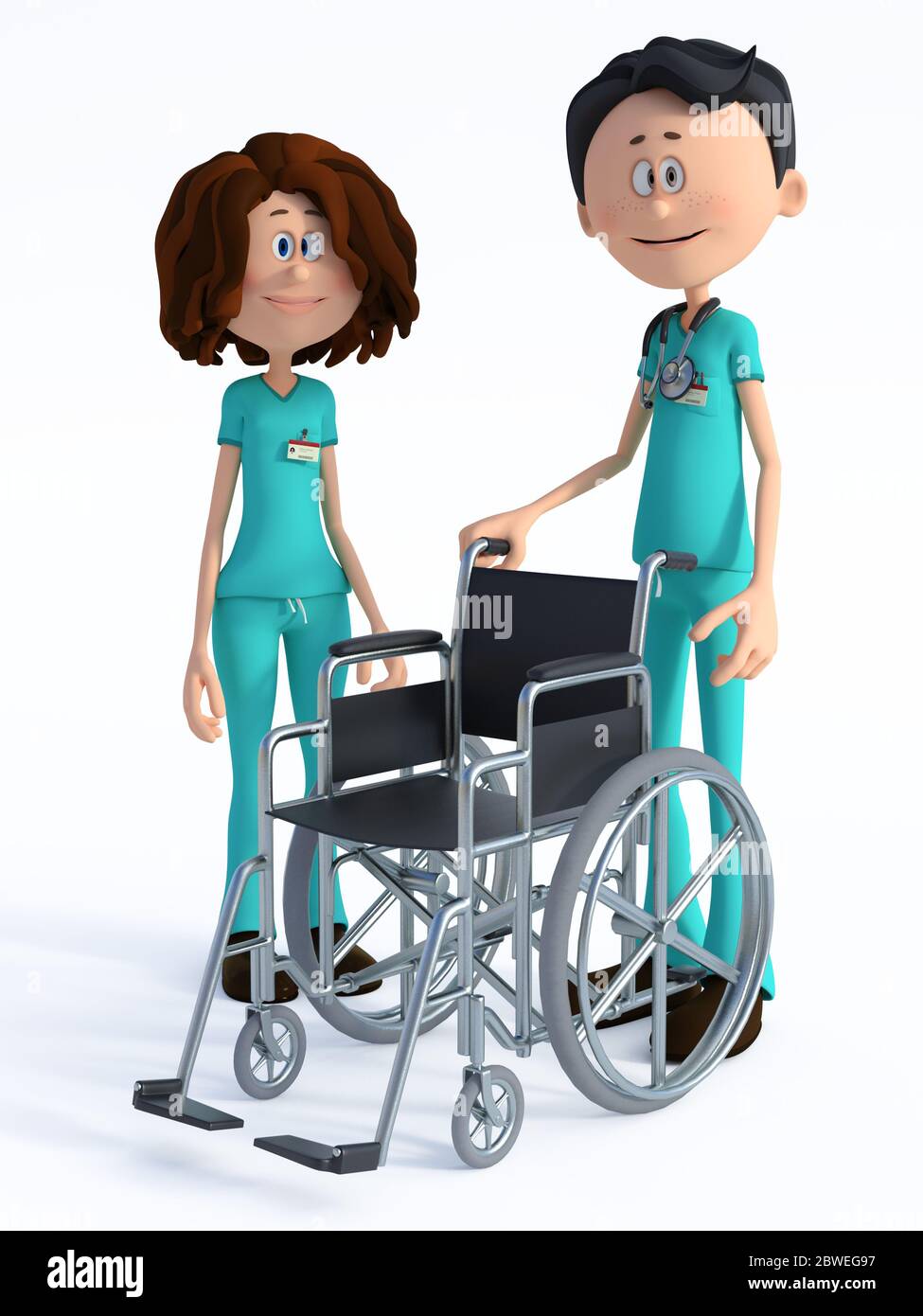 Rendu 3D d'une jeune infirmière et d'un sympathique médecin de dessin animé souriant portant un stéthoscope et debout avec un fauteuil roulant vide. Fond blanc. Banque D'Images