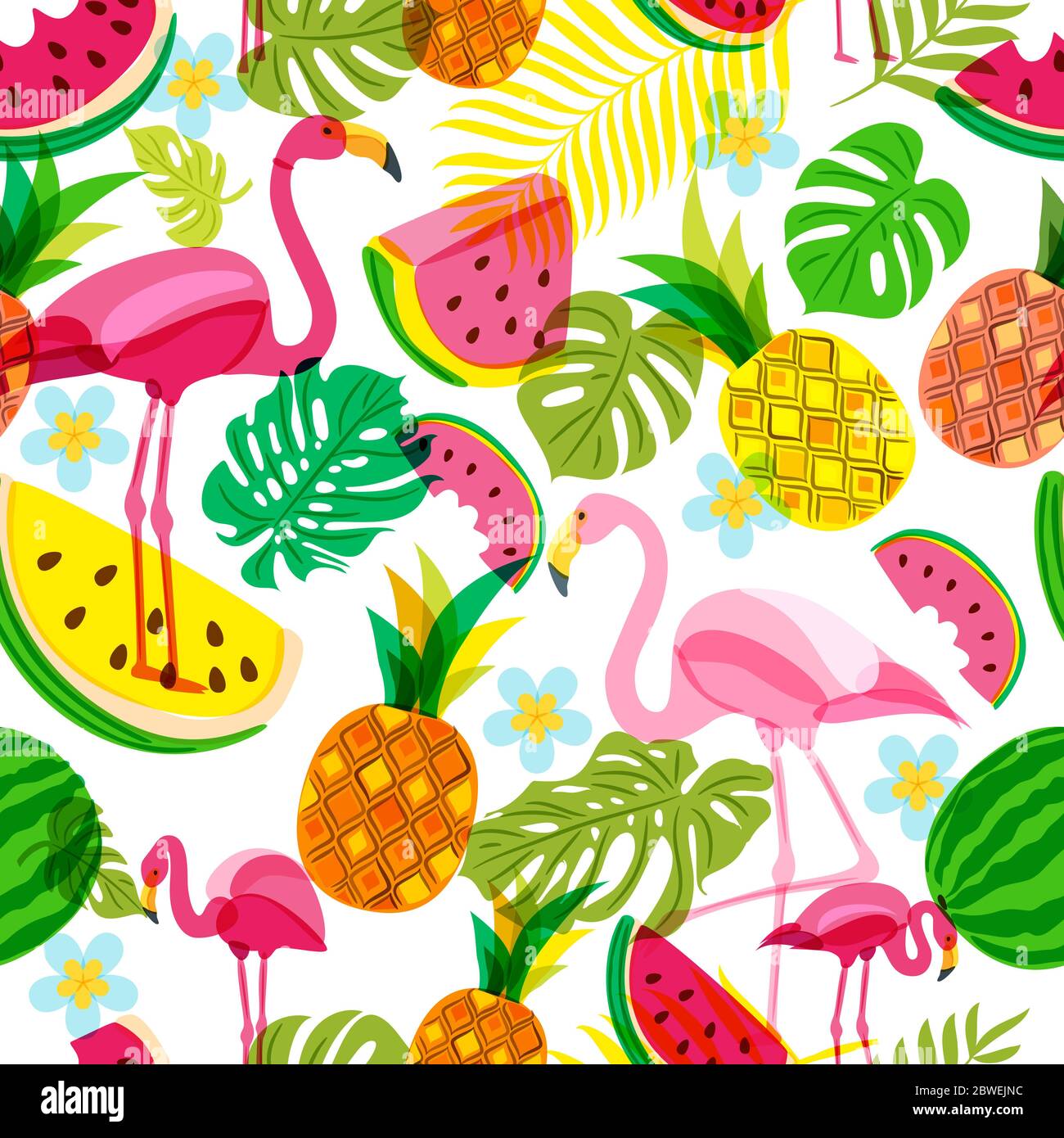 Motif tropical sans couture vectoriel avec flamants roses, feuilles de palmier, pastèque et ananas. Illustration tropicale d'été. Design tendance pour l'été Banque D'Images