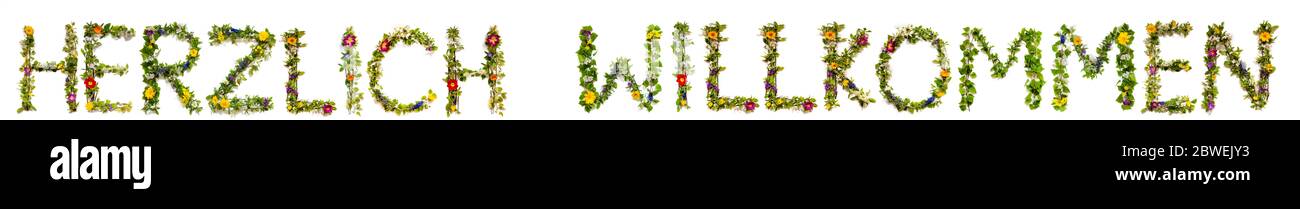 Fleur et Blossom lettre Bâtiment de mot Herzlich Willkommen signifie Bienvenue Banque D'Images