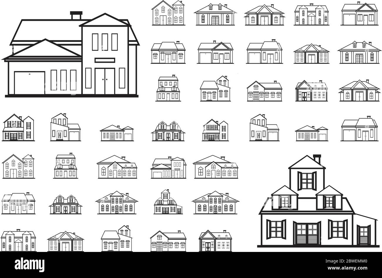 Façade Maison Immobilier vue de face ligne Art Contour Icon Set Illustration de Vecteur