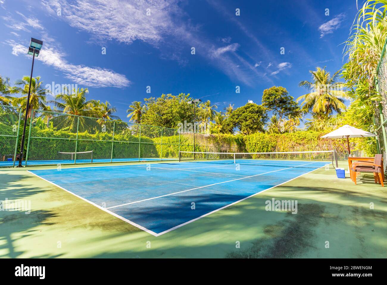 Un cadre sportif et récréatif incroyable comme un court de tennis sur un paysage tropical, des palmiers et un ciel bleu. Sports dans le concept tropique Banque D'Images