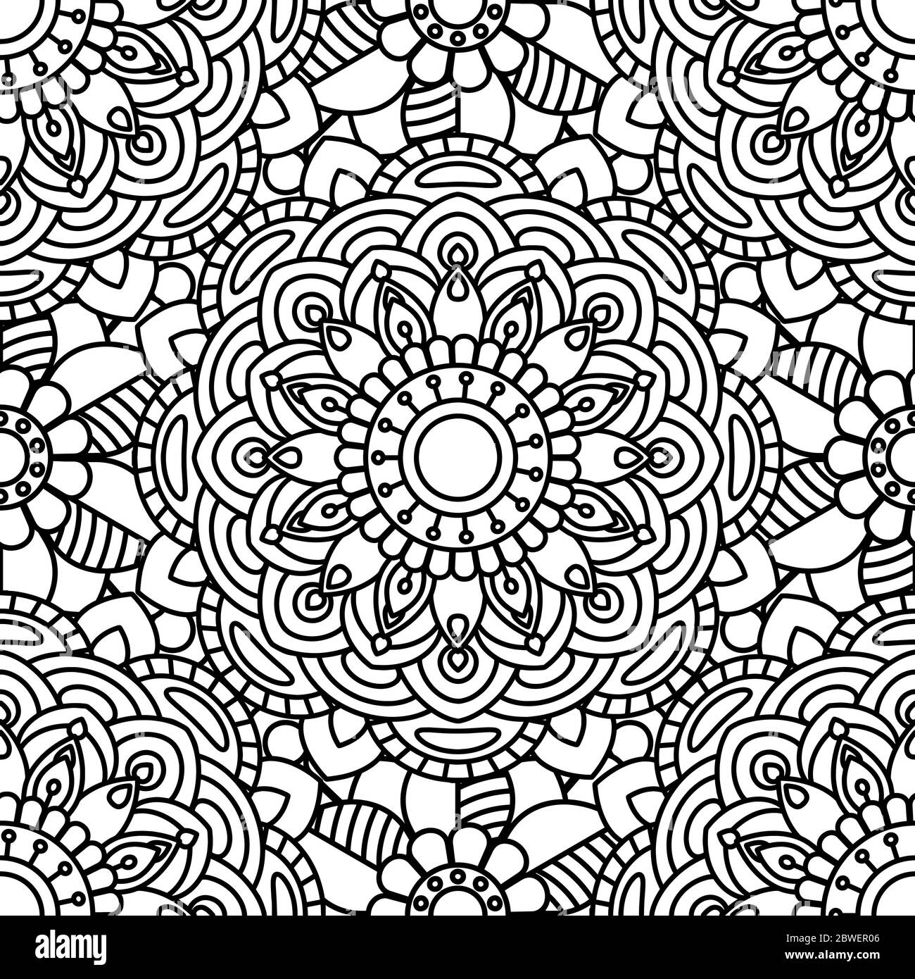 Mandala modèle ethnique sans couture. Page de coloration adulte. Arrière-plan de répétition noir et blanc. Illustration vectorielle. Illustration de Vecteur
