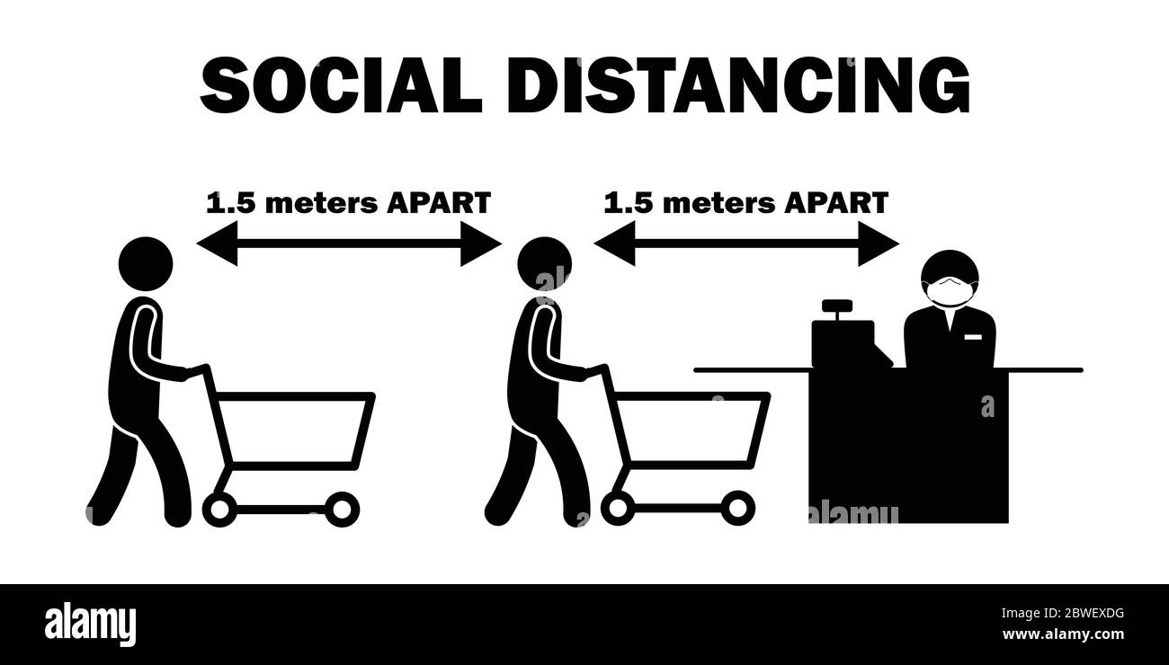 Social distance de 1.5 m mètres de distance ligne de caissier chiffre bâton. Pictogramme noir et blanc représentant un point à cinq demi-mètres l'un de l'autre tout en tapissant le rei Illustration de Vecteur