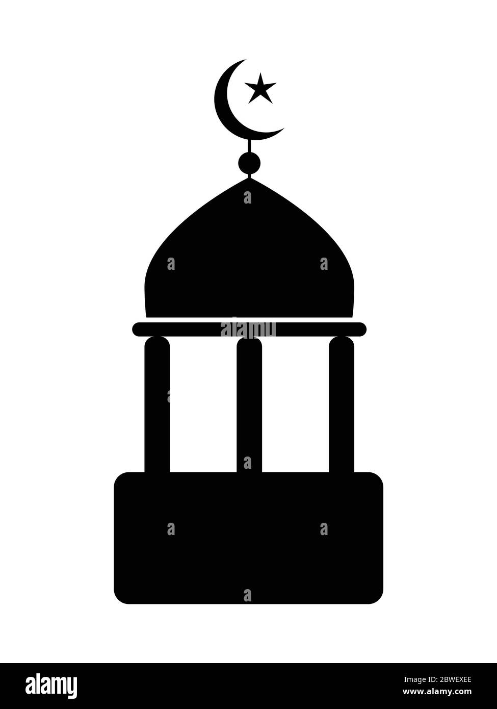 Icône de la mosquée avec le croissant et l'étoile. Pictogramme noir et blanc représentant le lieu de culte de la mosquée islamique simple. Vecteur EPS Illustration de Vecteur