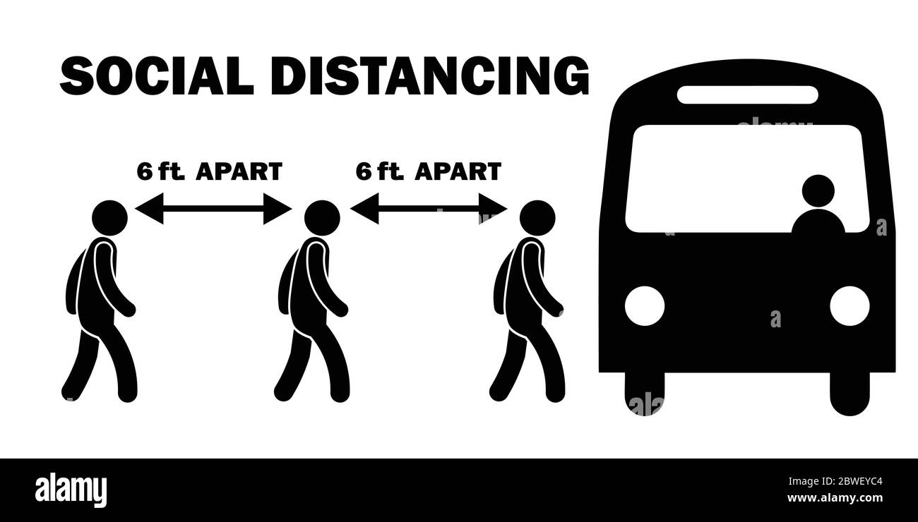 Social distance de 6 pieds à l'embarquement de bus ligne de file d'attente figure. Fichier vectoriel noir et blanc Illustration de Vecteur