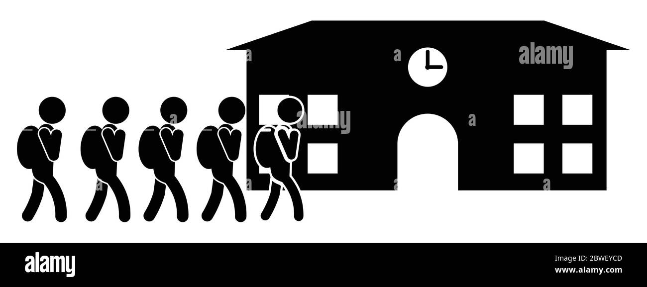 Les élèves qui vont à l'école portent des sacs. Pictogramme noir et blanc représentant l'entrée à l'école avec des sacs. Fichier vectoriel Illustration de Vecteur