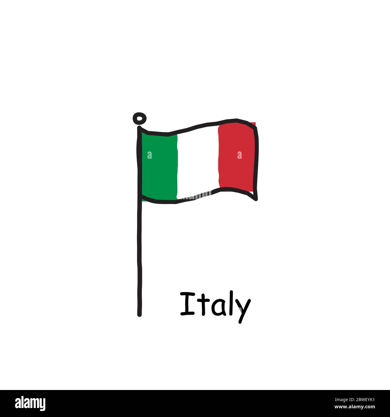 Drapeau d'Italie esquissé à la main sur le mât du drapeau. Drapeau de trois couleurs . Illustration du vecteur de stock isolée sur fond blanc. Illustration de Vecteur