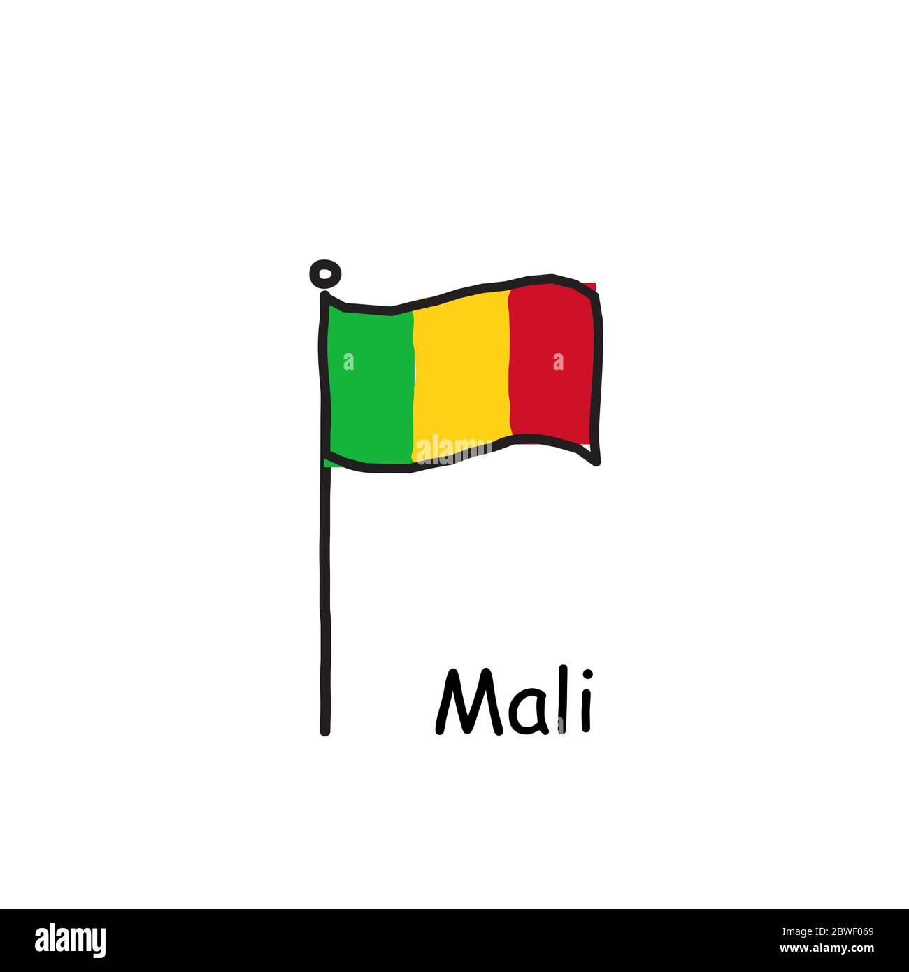 Drapeau Mali esquissé à la main sur le mât de drapeau. Drapeau de trois couleurs . Illustration du vecteur de stock isolée sur fond blanc. Illustration de Vecteur