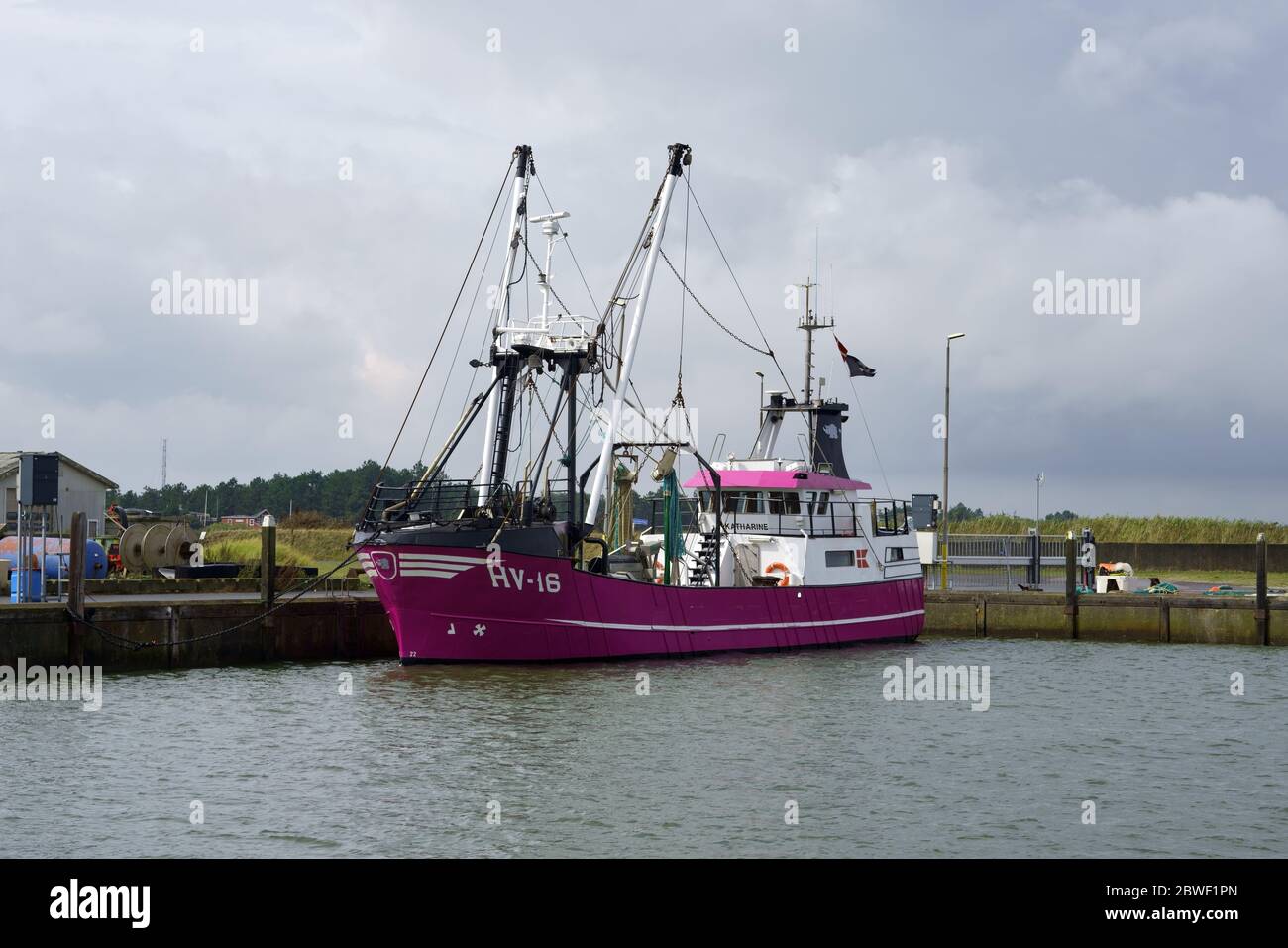 HAVNEBY, RØMØ, DANEMARK - 15 AOÛT 2019 : bateau de pêche violet dans le port de Havany, sur l'île danoise de Rømø, dans la mer des Wadden. Banque D'Images