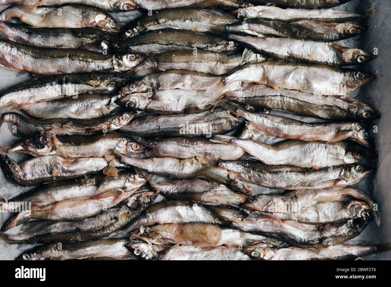 poisson pelé de capelan. résumé de la nourriture. Poisson frais dans une casserole Banque D'Images