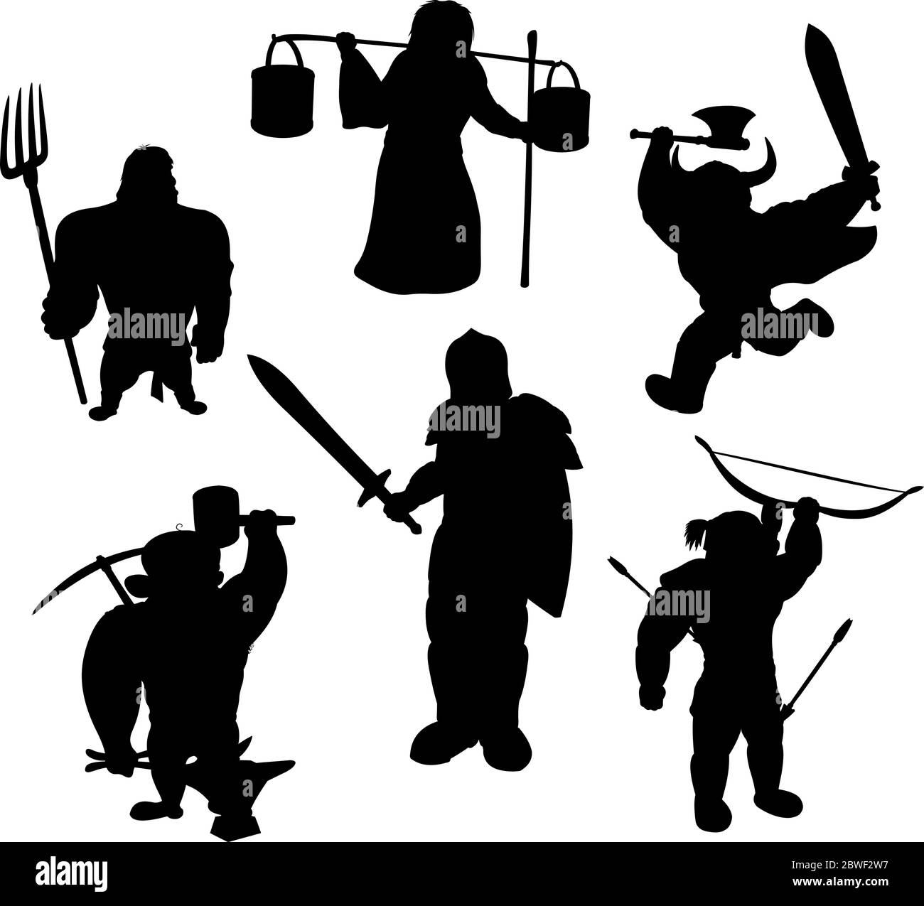 Silhouettes noires de personnages médiévaux mâles sur fond blanc Illustration de Vecteur