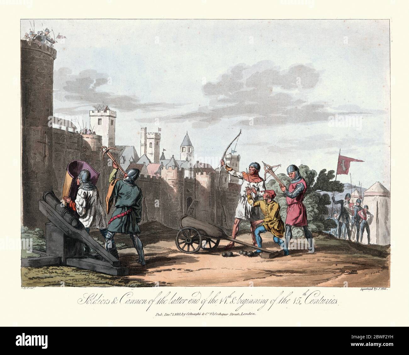 Guerre de siège médiévale, soldats crossbowmen, arbalète et porte-bouclier et canon fin du XIVe au XVe siècle Banque D'Images