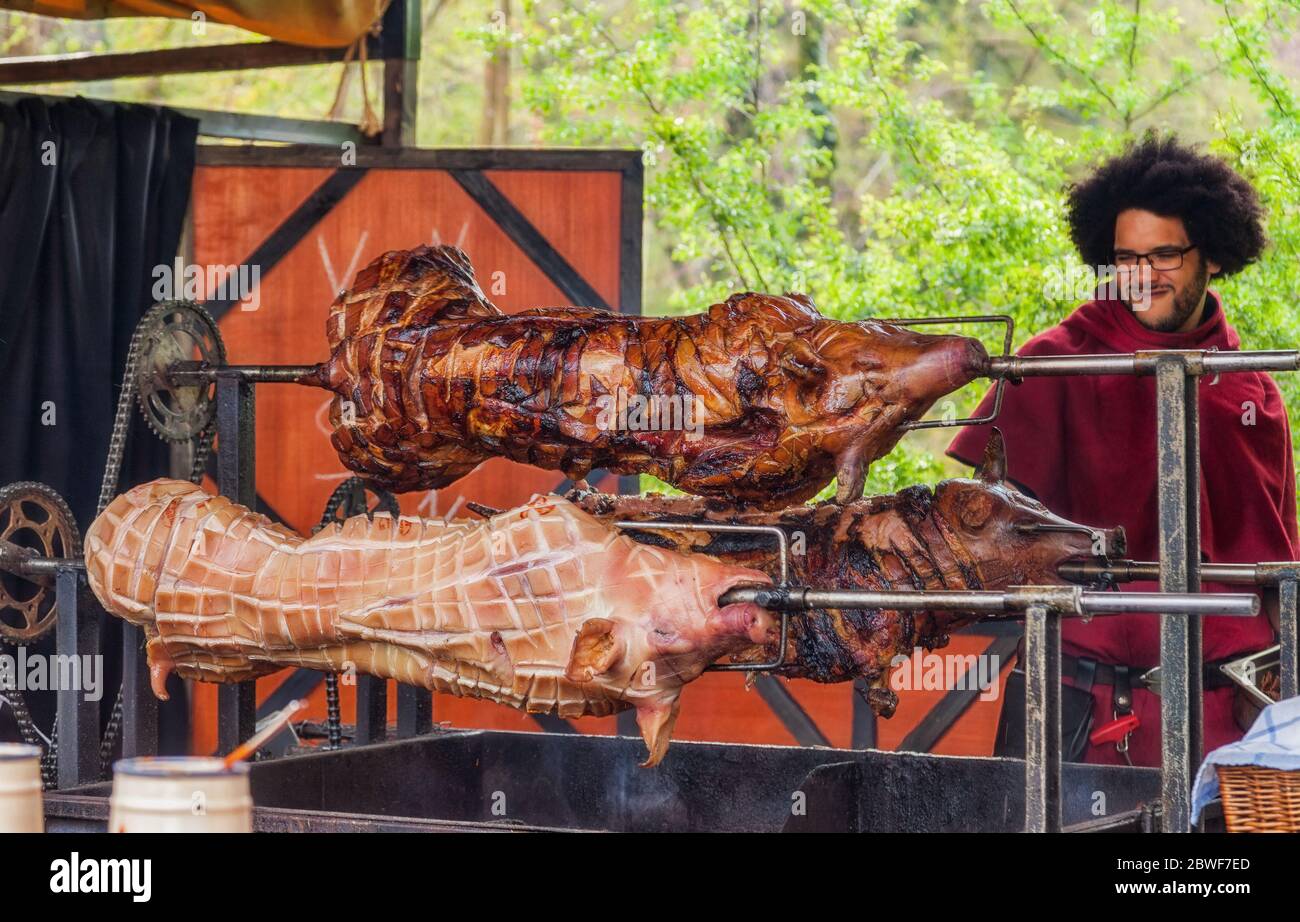 Nuembrecht, Allemagne - 01 mai 2016 : porcs à une rôtisserie sur le marché médiéval de Nuembrecht. Banque D'Images