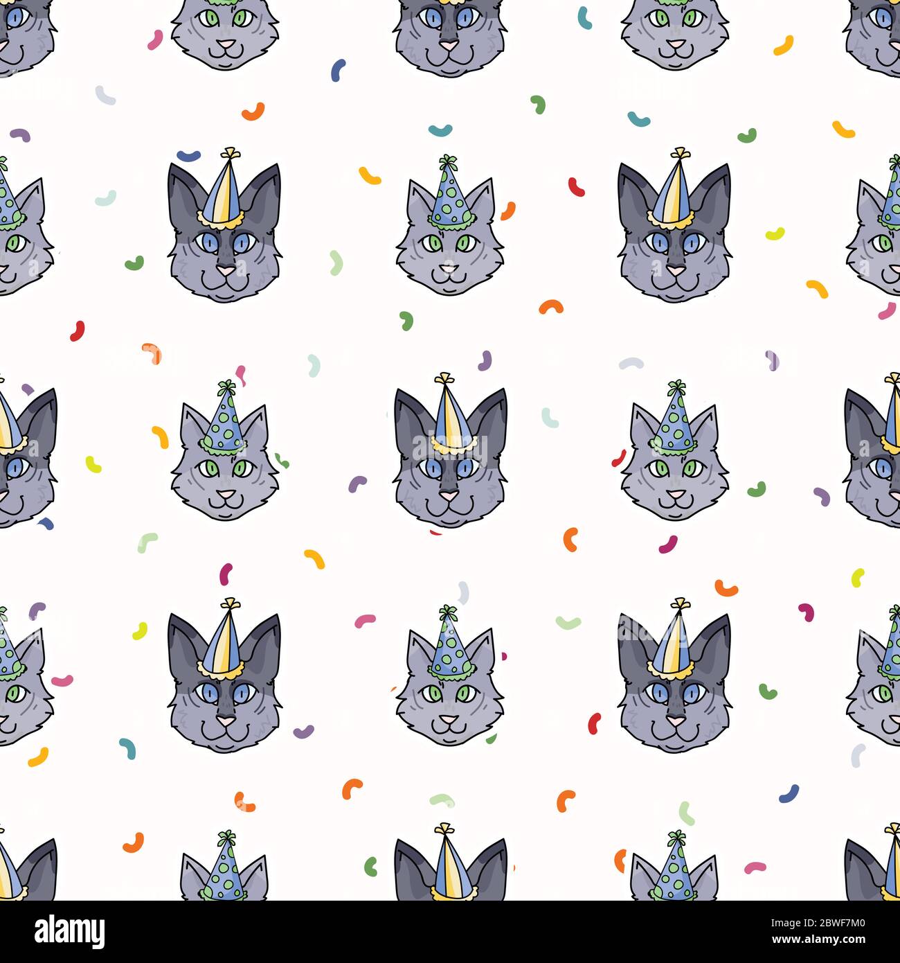 Mignon Dessin Anime Munchkin Visage Chat Et Chaton Avec Chapeau De Fete Sans Couture Motif Vectoriel Race De Chat De Race De Pedigree Origine De Chat Domestique Celebration Des Amoureux Du Chat
