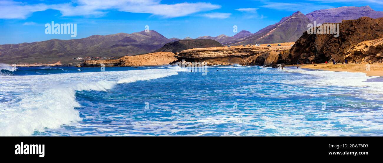 Impressionnantes plages intactes de l'île de Fuerteventura. La Pared Beach - endroit populaire pour le surf. Îles Canaries, Espagne. Banque D'Images