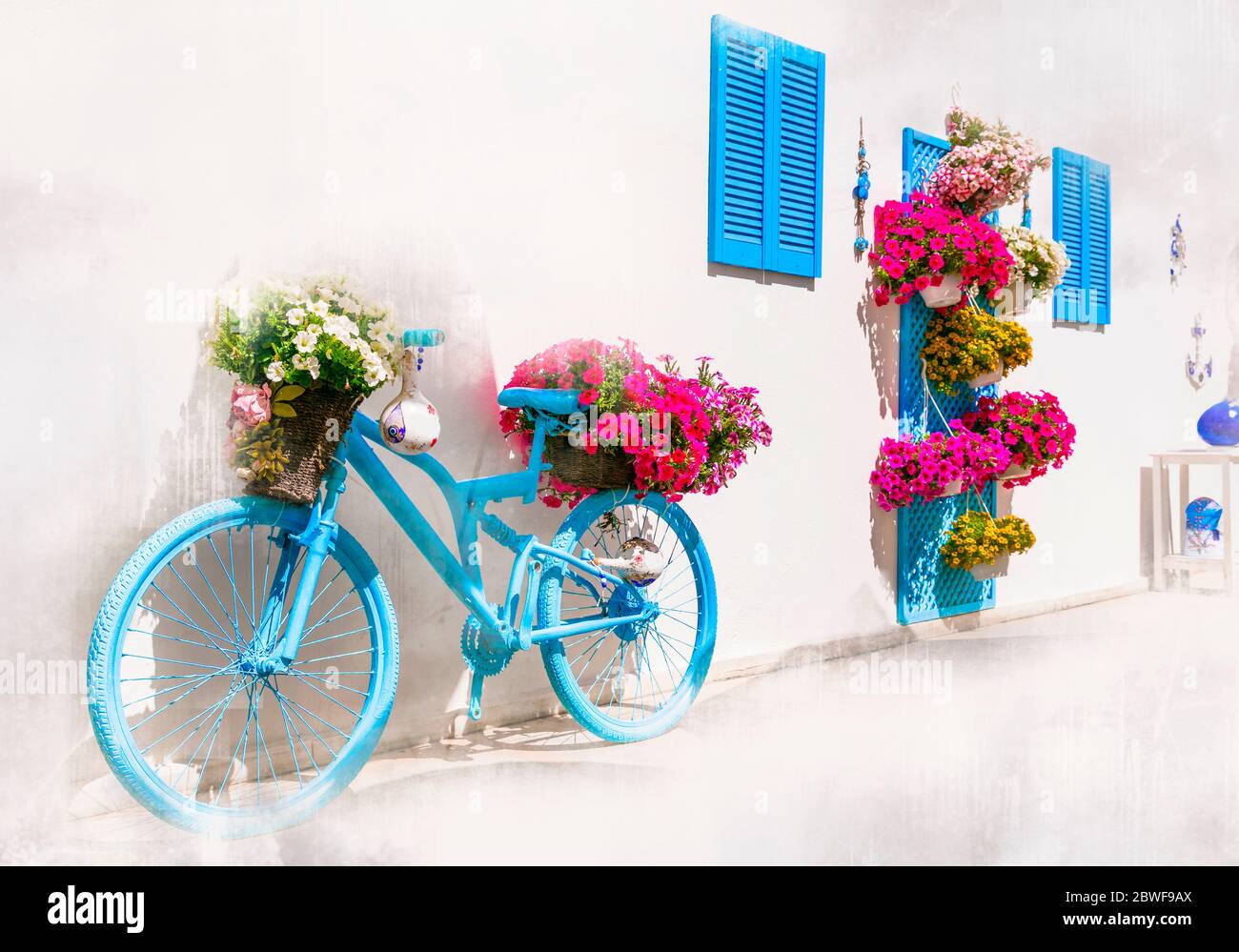 Charmant bar décoration design dans le style rétro avec vieux vélo et fleurs Banque D'Images