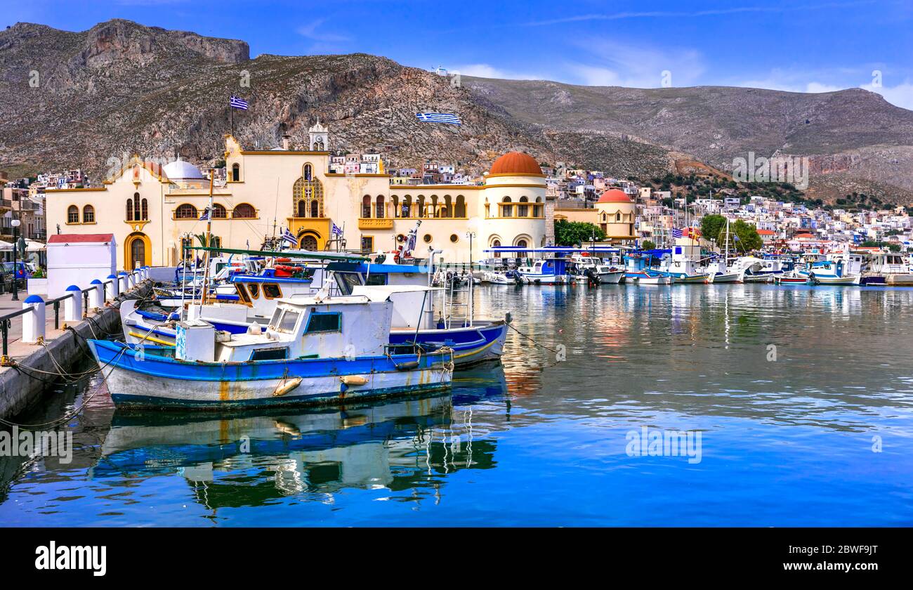 Kalymnos- magnifique île grecque du Dodécanèse, Grèce. Vue sur le centre-ville de Pothia et le port Banque D'Images