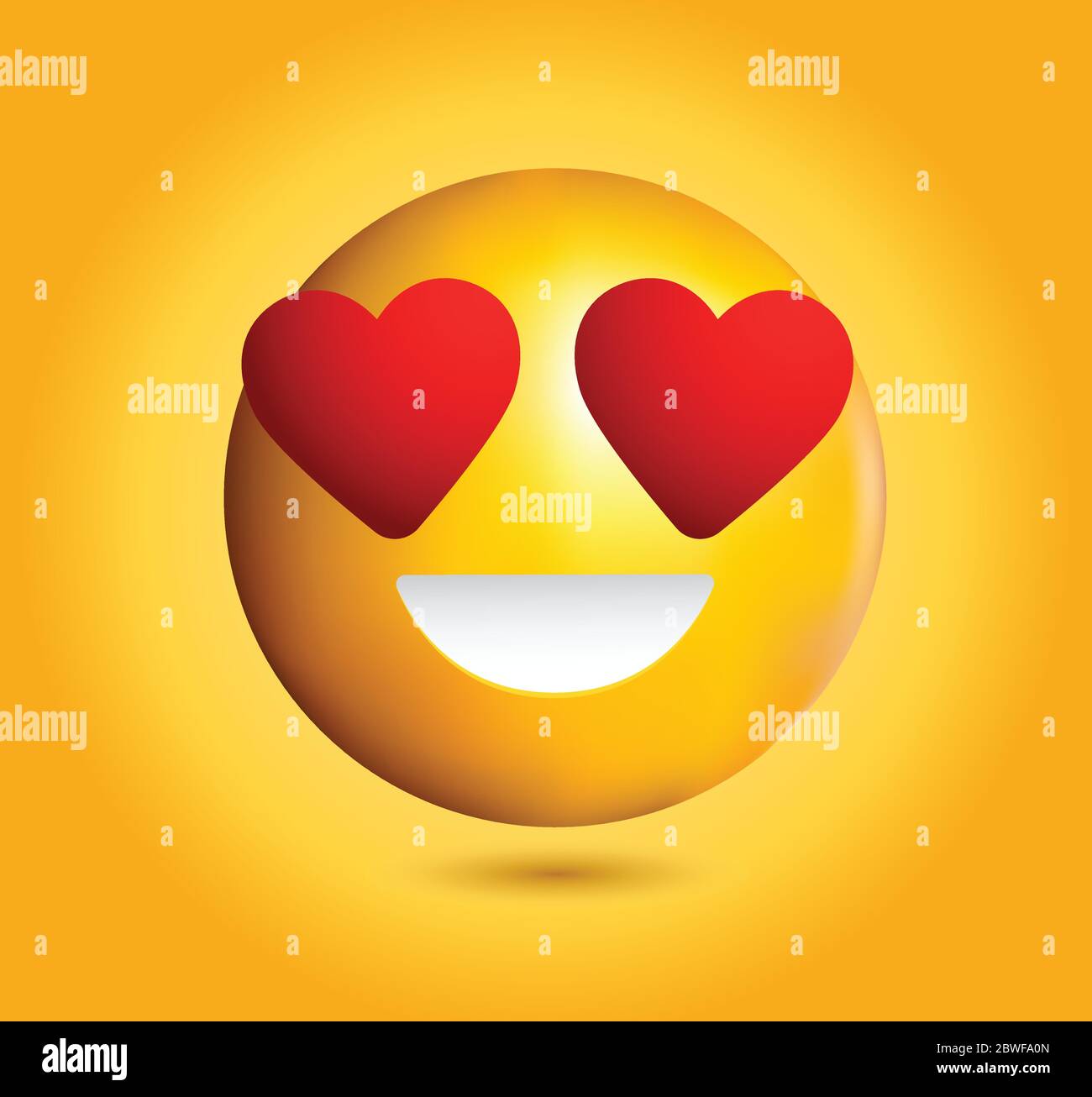 Émoticone de haute qualité souriant, amour emoji isolé sur fond jaune dégradé. Émotiji de visage jaune avec yeux rouges et illustration du vecteur de sourire. Illustration de Vecteur
