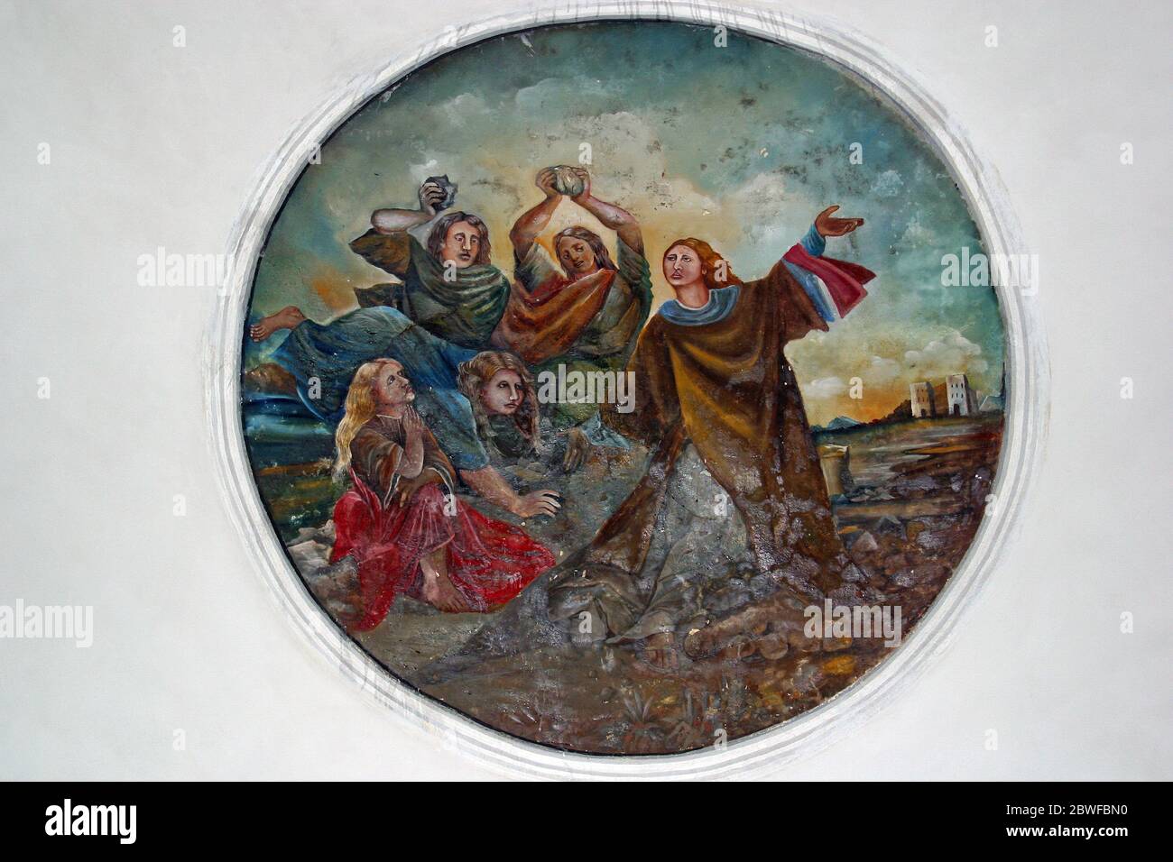 La lapidation de Saint Stephen, fresque dans l'église paroissiale de Sainte Catherine d'Alexandrie à Dapci, Croatie Banque D'Images