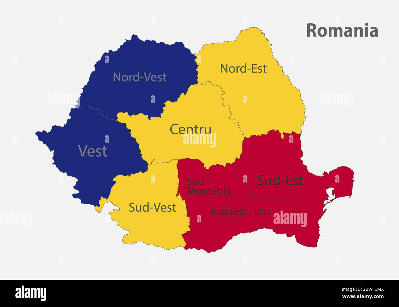 Carte de la Roumanie dans les couleurs du drapeau avec vecteur de divisions administratives Illustration de Vecteur