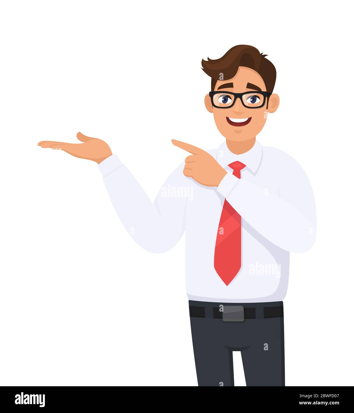 Homme d'affaires montrant et pointant la main pour copier l'espace côté loin, concept de produit publicitaire, introduire quelque chose. Homme montre le geste de présentation Illustration de Vecteur
