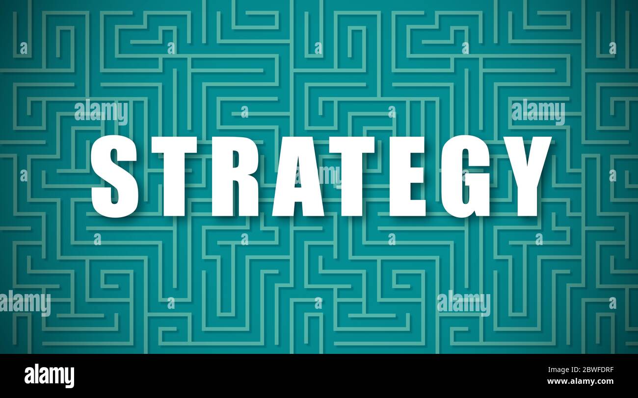 Concept de tactique d'affaires. Illustration avec mot STRATÉGIE sur fond turquoise avec lignes de labyrinthe Banque D'Images