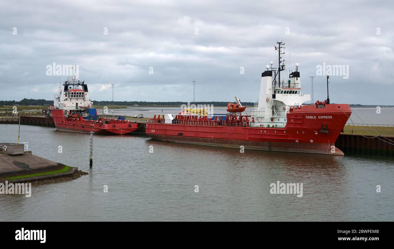 HAVNEBY, RØMØ, DANEMARK - 16 AOÛT 2019 : sable Express et Shelf Express, navires de ravitaillement offshore. Banque D'Images