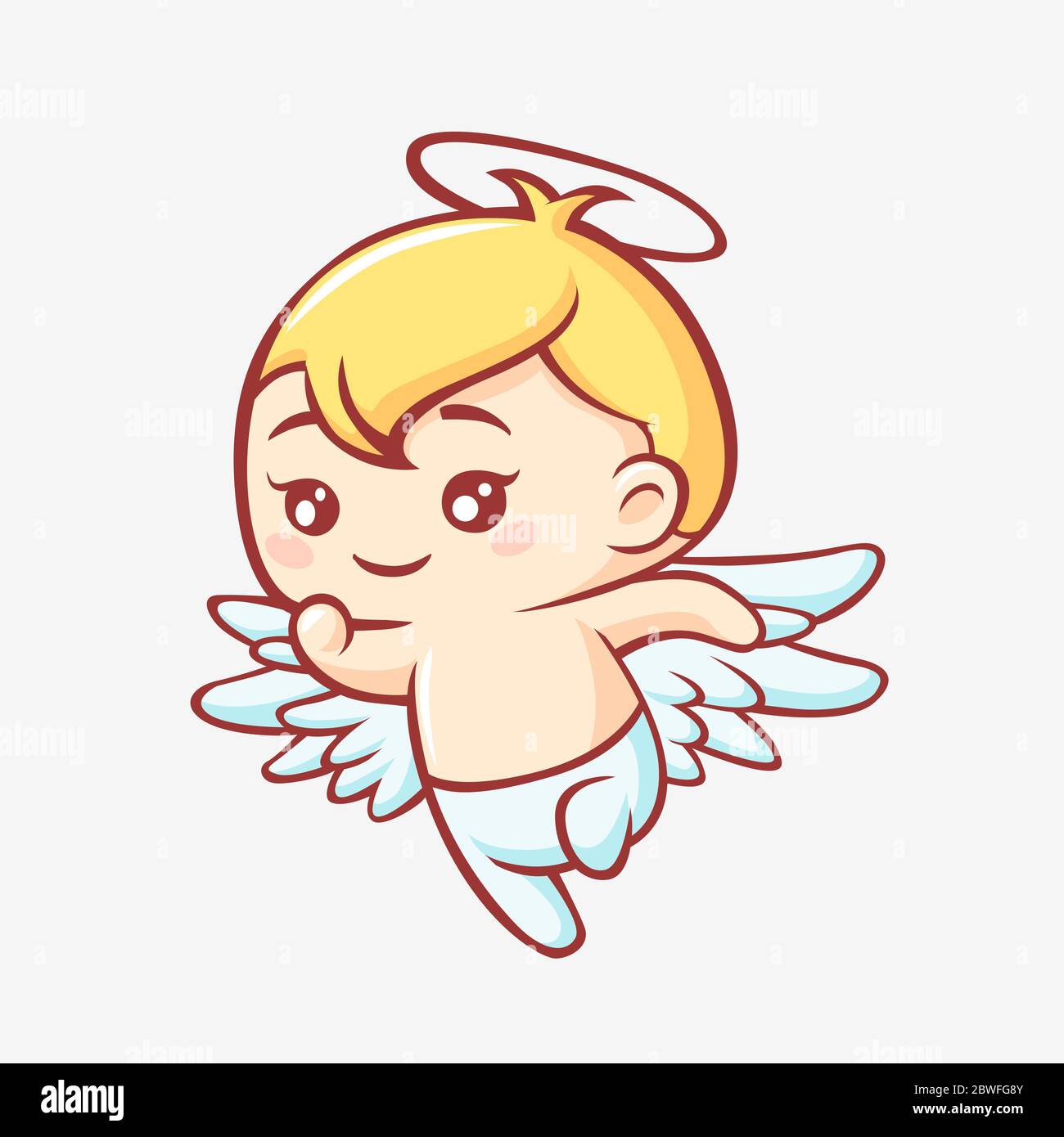 Petite bande dessinée ange. Kawaii sourire ange mignon coupe de cheveux jaune avec ailes et halo. Illustration de Vecteur