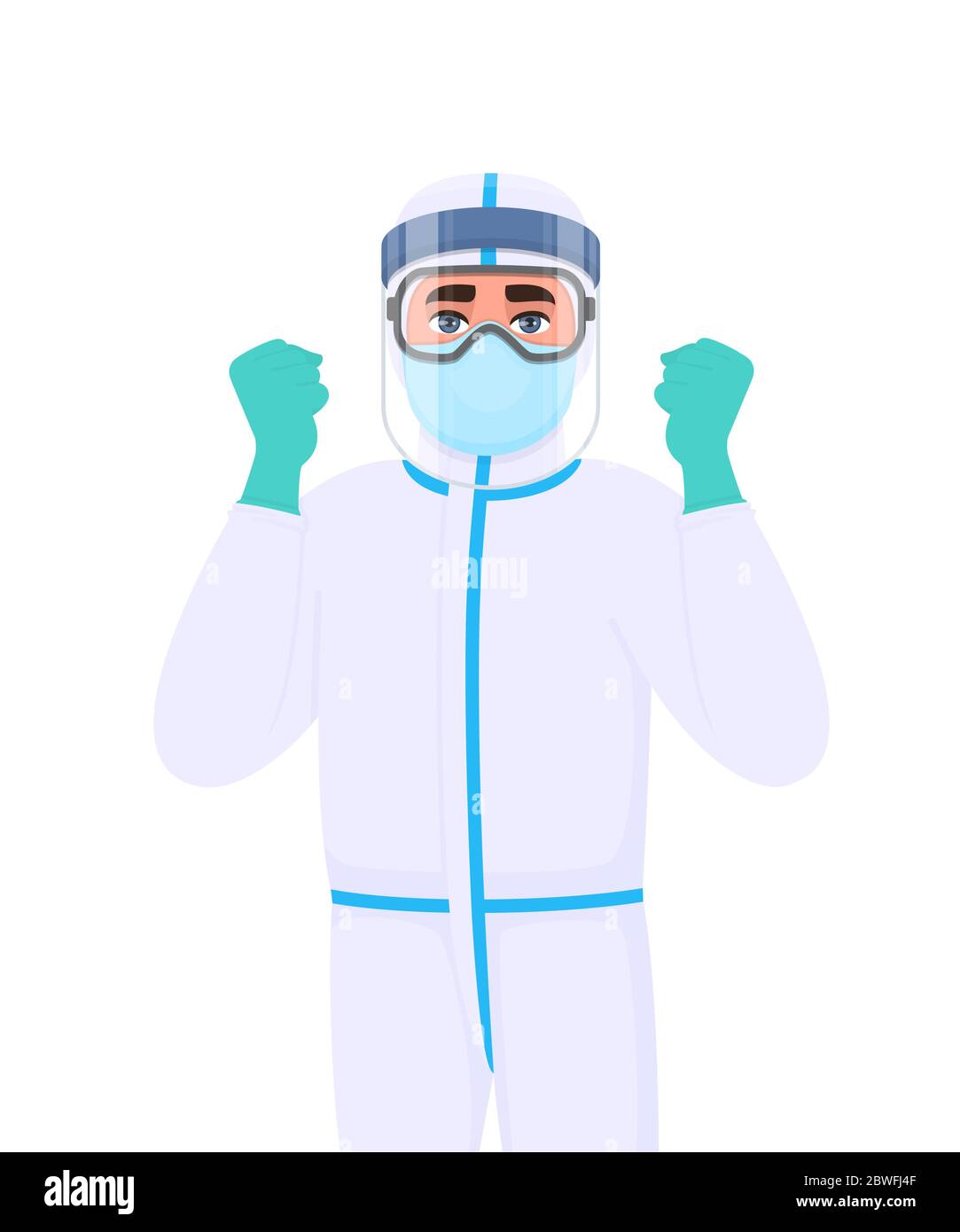 Médecin en costume de protection montrant un signe de main levée. Personne médicale portant un écran facial et gestuelle réussie. Médecin couvrant avec masque Illustration de Vecteur